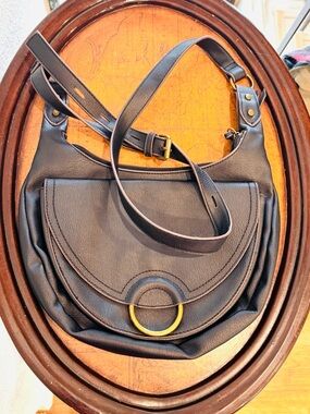 ANA Brown Soft Leather Shoulder Half Moon Bag with Gold Ring Adjustable Strap